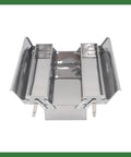 Dang Tough Stainless Steel Tool Box With Rubberized Carry Handle 18 Inch 2 Tier 3 Roomy Trays open view showing storage compartments