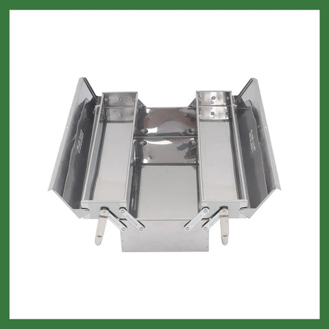 Dang Tough Stainless Steel Tool Box With Rubberized Carry Handle 18 Inch 2 Tier 3 Roomy Trays open view showing storage compartments