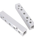 Two Five Way Seven Port Pneumatic Manifold Aluminum Alloy Air Distribution Blocks showing end supply and side output ports.