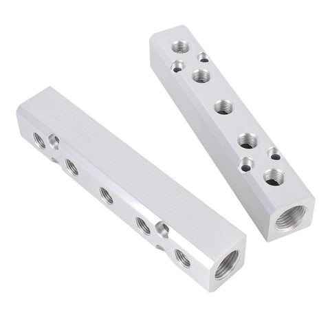 Two Five Way Seven Port Pneumatic Manifold Aluminum Alloy Air Distribution Blocks showing end supply and side output ports.
