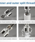 3 In 1 Pipe Threader Kit With Internal And External Threading Screw Extractor And Sealant Tape For One Half Inch And Three Quarter Inch PVC Pipes Electric Drill Compatible Plumbing DIY Tool For Home Improvement. Image showing internal and external threading tools setup on PVC pipes.