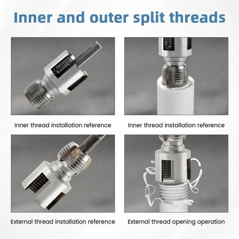 Pro 3-In-1 Pipe Threader Kit With Screw Extractor And Sealant Tape Electric Drill Compatible For 1/2 Plus 3/4 Inch Pvc Plumbing Jobs image showing inner and outer split thread installation details.
