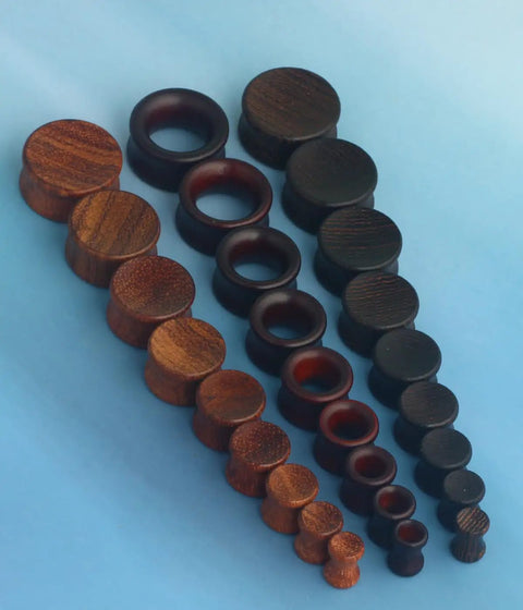 Three Pairs Organic Wood Ear Plugs Set with Double Flared Ear Tunnels Saddle Fit Wooden Gauges Five Eighths Inch 16mm Natural Black Brown Tones