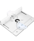 Heavy Duty Aluminum Router Table Insert Plate For Woodworking Benches Rock Solid Flip Base No Sweat Installation Knockout Performance Silver workshop accessory with etching and measurement scale.