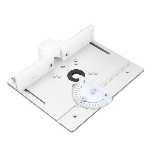 Heavy Duty Aluminum Router Table Insert Plate For Woodworking Benches Rock Solid Flip Base No Sweat Installation Knockout Performance Silver workshop accessory with etching and measurement scale.
