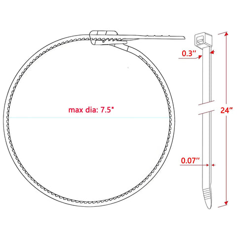 Diagram of Beefy 24 Inch Cable Ties Pack Of 50 With 200 Lbs Tensile Strength, UV Resistant Outdoor Zip Ties showing dimensions.