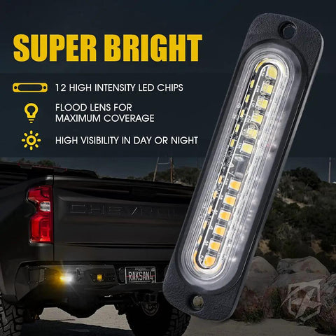 White Amber 12 LED Emergency Strobe Light Kit shown with black truck and text highlighting features