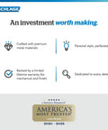 Schlage investment page with premium materials, lifetime warranty information, and America's Most Trusted lock brand badge 2020-2025.