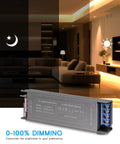 Dimmable LED Driver 100W Power Supply 85-277V AC to 12V DC Converter in front of a dimmed living room background.