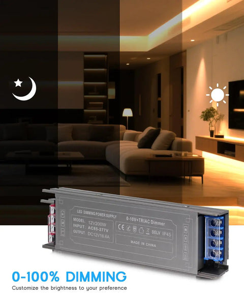 Dimmable LED Driver 100W Power Supply 85-277V AC to 12V DC Converter in front of a dimmed living room background.