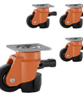 Hella Tough Height Adjustable Plate Casters Set Of Four With Solid Ratchet Handle And Silky Smooth Swivel Wheels 580 Pound Load Rating For Workshop Furniture Sets, showing orange casters with swivel plates.