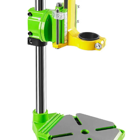 Beefy Drill Press Stand For Home Workshop with 90 Degree Rotating Base, showing adjustable clamp head and durable material.