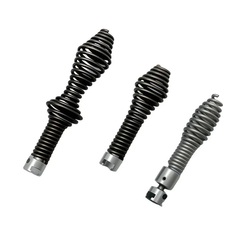 Professional Grade 10 Piece Heavy Duty Drain Snake Drill Attachment And Auger Tool Kit with three cable heads in black and silver.