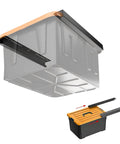 Overhead Garage Storage Rack For Ceiling Mount, Heavy Duty Ceiling Bracket For Garages Sheds Storerooms, Adjustable Width And Orientation, Black Finish, 1 Bin Included, DIY Friendly Install, Space Saver showing installation instructions