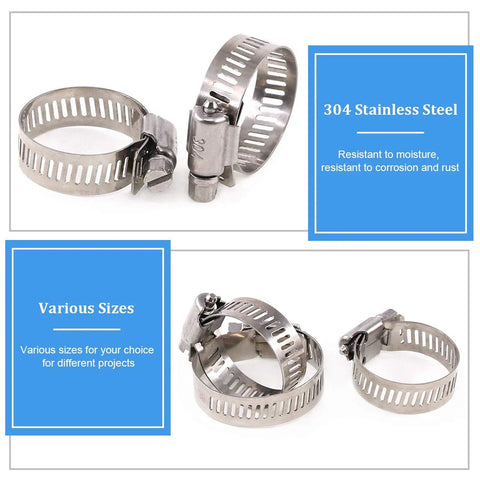 Front view of 20pcs 304 stainless steel worm-drive hose clamps, adjustable 18–32mm, for plumbing and automotive use.