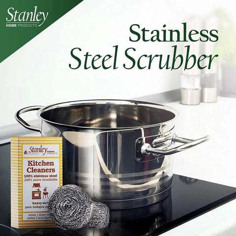 Stainless Steel Scrubbers Set 2 Count, Rust Resistant Heavy Duty Scrubbers beside a pot on a stove, cleaning power displayed.