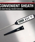 Waterproof Digital Meat Thermometer With Instant Read, 2.75 Inch Stainless Stem, Shatterproof Probe on tabletop with sheath