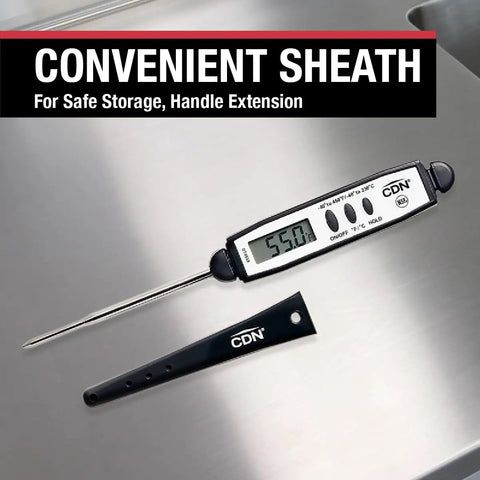 Waterproof Digital Meat Thermometer With Instant Read, 2.75 Inch Stainless Stem, Shatterproof Probe on tabletop with sheath