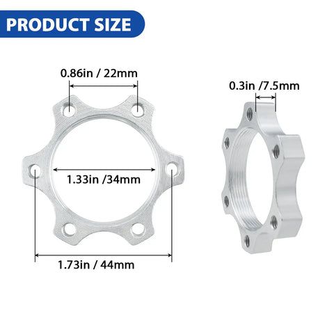 Front and side view of a silver 4 Pack 44mm Disc Brake Adapter For Bicycle Hubs To 6-Bolt Rotors, showing dimensions.