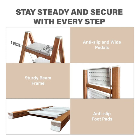Grab-and-Go 3 Step Folding Aluminum Ladder With Non Slip Wide Steps For Easy Home Reach, Lightweight Yet Durable Step Stool For Kitchen Closet Bedroom, Supports Up To 330 Lb, Woodgrain Finish, anti-slip wide steps