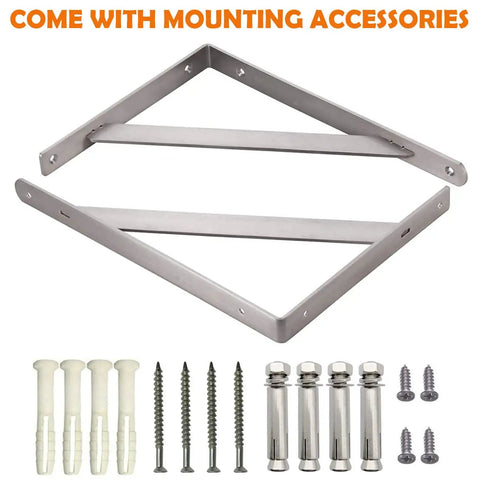 Heavy Duty 12-Inch Stainless Steel Shelf Bracket Set With 440 Lb Max Load, brushed finish, with screws, anchors, and bolts