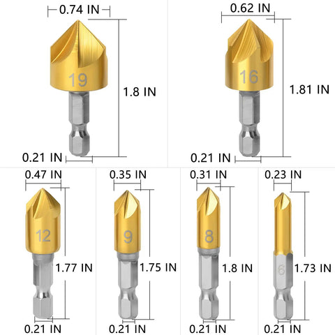 Close-up of chamfer countersink bits from Heavy Duty 23 Piece Woodworking Drill Set crafted from high speed steel.