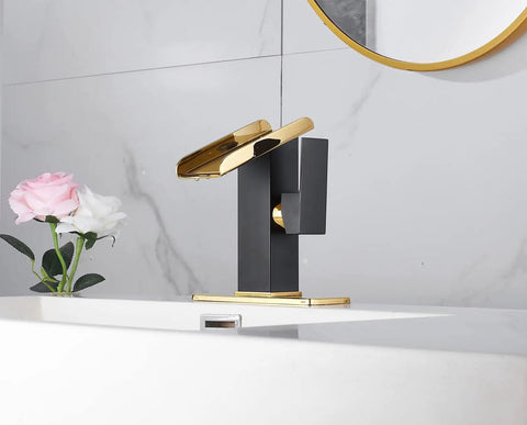 Super Dope Black And Gold Brass Single Handle Rgb Led Waterfall Bathroom Faucet With Color Changing Lights Using Hydropower No Battery Temperature Sensing For Your Cool Modern Vanity Sink Lavatory Tap installed on white sink