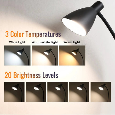 Led Desk Lamp With USB Charger And Three Color Temperature Twenty Brightness Levels Eye Caring Metal Desk Light For Office And Bedroom Ten Watt One Thousand Lumens Adapter Included displaying color temperatures and brightness levels