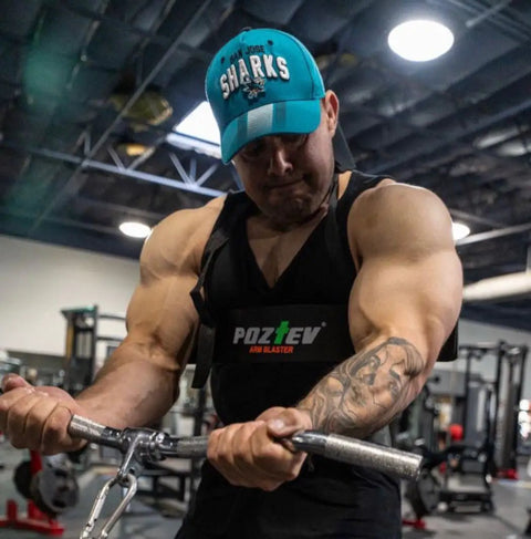 Man using Arm Blaster For Biceps And Triceps Isolation Dumbbell And Barbell Curl Support To Lock Your Elbows Improve Form
