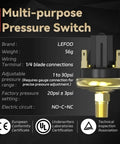 Heavy Duty Pressure Switch With Built In Gauge For Air Oil And Water Systems, label details, brand LEFOO, 1 to 30 psi.