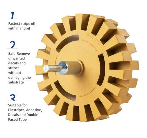 Decal Remover Eraser Wheel For Drill, rubber wheel tool kit for safe car stripe vinyl tape removal, close-up view