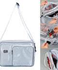 Killer Protective Clear Crossbody Tool Bag For Cleanroom Engineers Featuring Sick Storage And Secure Computer Carrying With Smooth Adjustable Straps That Are Zero Hassle. Transparent vinyl bag showing tools inside.