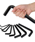 Hand holding Jumbo Allen Wrench Set 8 Piece Extra Large Hex Key Kit with black finish alongside set of wrenches on white background.