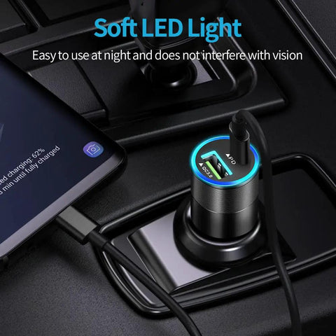 Hefty 48W Cigarette Lighter Car Charger Hooked Up To A Zippy 20W Wall Adapter Feeding Dual PD 3.0 Fast Charge Ports Plus Two Three Point Three Foot Type C Cables For Dead Simple Everyday Travel Power with soft LED light in vehicle.