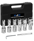 XJX 8-piece annular cutter set in a black case; eight silver Weldon-shank bits with hex wrench.