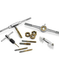 Titanium-Coated SAE Tap And Die Set With Storage Case, beefy, heavy-duty alloy steel, 40-piece kit for quick repairs on stripped threads.