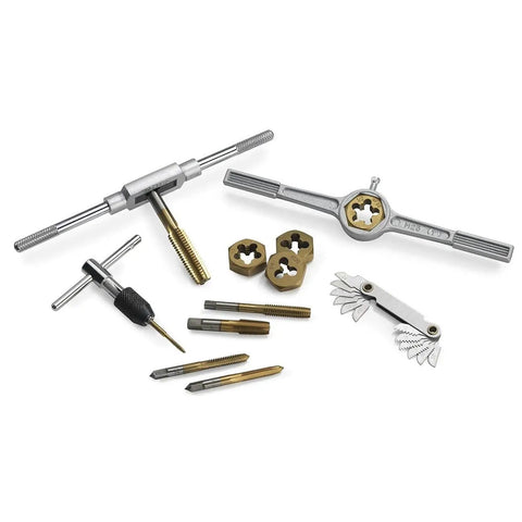 Titanium-Coated SAE Tap And Die Set With Storage Case, beefy, heavy-duty alloy steel, 40-piece kit for quick repairs on stripped threads.