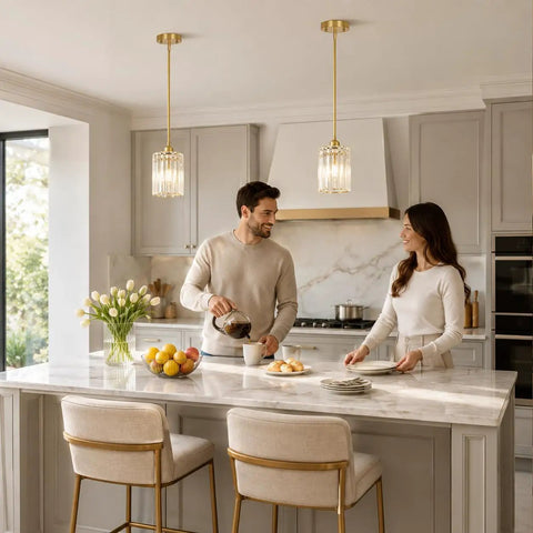 Brushed Gold Crystal Pendant Light With Adjustable Rods And Sloped Ceiling Mount No Sweat Install hangs over a kitchen island.