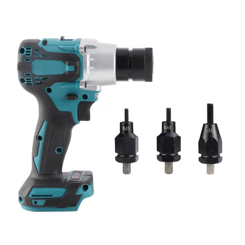 Electric Riveter With LED Light Brushless Nut Riveting Tool Slip Handle Design High Power Rivet Nut Machine with M5, M6, M8 heads.