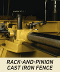 Rack-and-pinion cast iron fence detail on Workhorse 16 Inch Parallelogram Jointer With Helical Head And Fifty Eight Carbide Inserts Seven Point Five Horsepower Cast Iron Table Runs Like A Dream For Knockout Jointing And Snappy Shop Service.