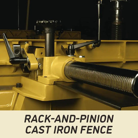 Rack-and-pinion cast iron fence detail on Workhorse 16 Inch Parallelogram Jointer With Helical Head And Fifty Eight Carbide Inserts Seven Point Five Horsepower Cast Iron Table Runs Like A Dream For Knockout Jointing And Snappy Shop Service.