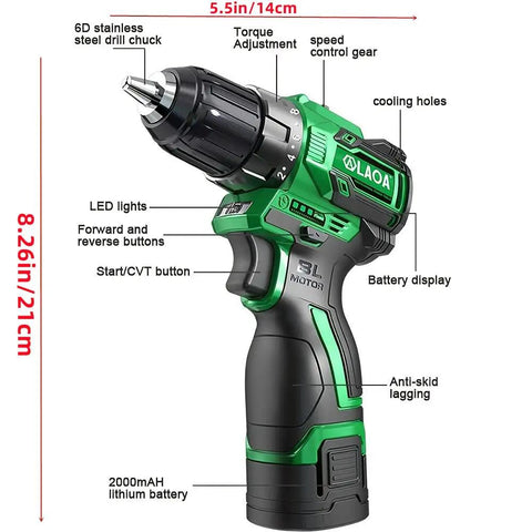 Heavy Duty Brushless Impact Wrench 16 Volt Cordless Power Tool Crushing 380 Nm Torque with 6D stainless steel drill chuck and LED lights.