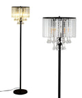 Crystal Floor Lamp With Foot Pedal Dope Modern Standing Light For Living Room Bedroom And Office Black Tall Pole Indoor 3 Light Fixture Elegant Contemporary Decor And Warm Ambience, featuring black tall pole and crystal accents.