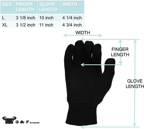 Heavy Duty Cotton Work Gloves For Adults Unisex Regular Size Large Black Case Pack 300 Pairs Durable 9oz Construction Built For Tough Jobs Strong Grip Comfort Fit And Hand Protection with measurement chart for Large size dimensions.