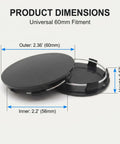 Road Ready 4 Pack Universal Car Wheel Center Caps 2.36 Inch Snap In Hub Cover Replacement Abs Plastic Rim Caps showing product dimensions.
