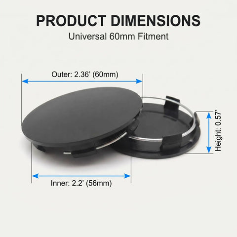 Road Ready 4 Pack Universal Car Wheel Center Caps 2.36 Inch Snap In Hub Cover Replacement Abs Plastic Rim Caps showing product dimensions.