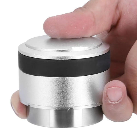 Hand holding 51mm Coffee Tamper Press Type Hammer Powder Distributor Leveler Tool For Espresso Machines Aluminum and Steel