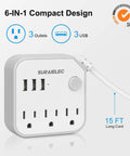 15 Ft Long Extension Cord With 3 Outlet Desk Power Strip And 3 USB Ports, Flat 45 Degree Plug, Indoor White, compact design