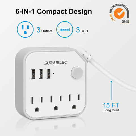 15 Ft Long Extension Cord With 3 Outlet Desk Power Strip And 3 USB Ports, Flat 45 Degree Plug, Indoor White, compact design