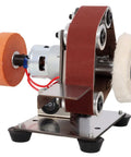 Amzxplore Mini Belt Sander With Seven Speed Adjustments And Knife Sharpener Includes 20 Sanding Belts Compact Bench Grinder Polisher showing motor and sanding belts.